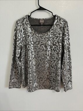 Chico's Silver Metallic Print Long-Sleeve Top Large